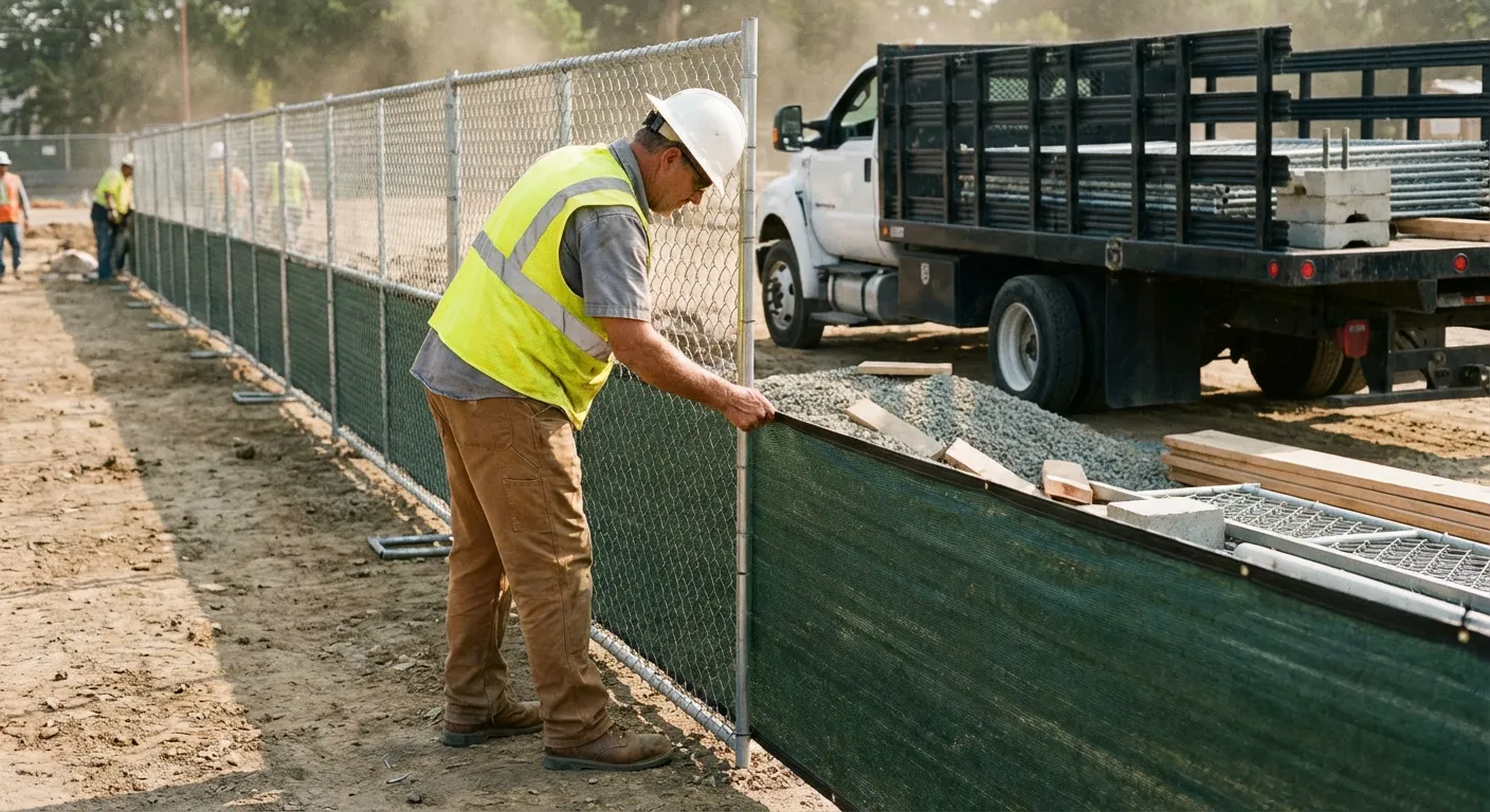 Privacy windscreen installation on construction fence in Granada Hills, CA
